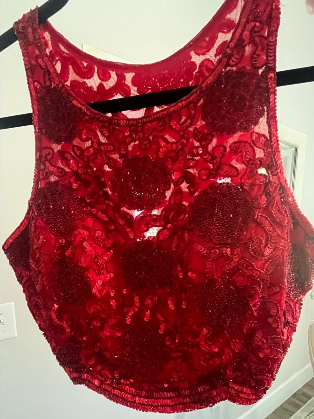Primavera Couture Vibrant Red Sequin Beaded Two-Piece Mini Dress Crop Top Size 8 - Picture 6 of 16